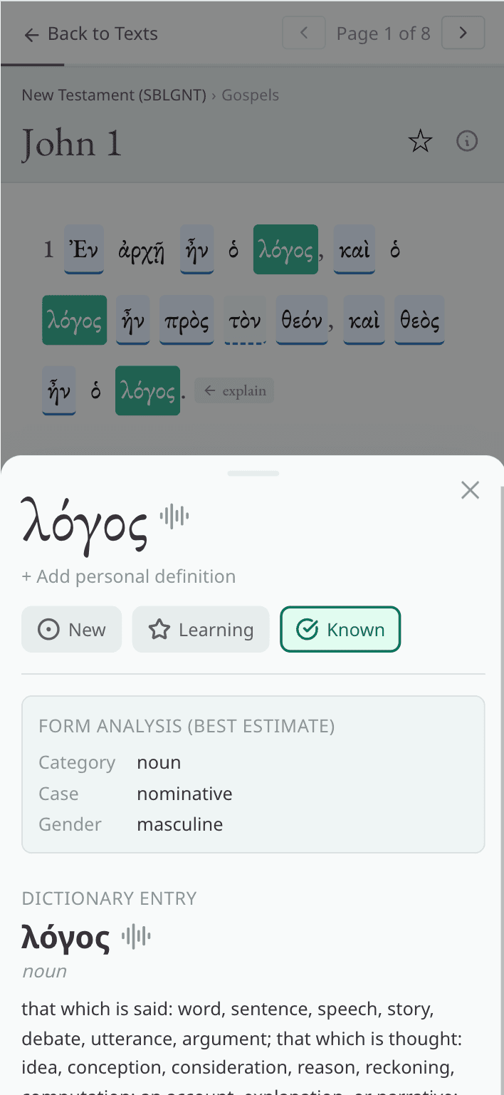 Kevilex reader on mobile showing a Greek text with a clicked word
